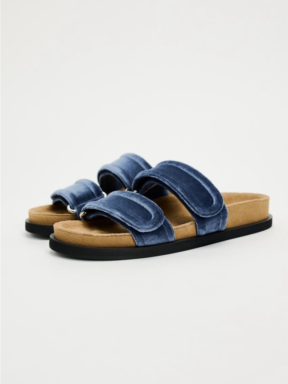 NEW Zara Blue Velvet Double-Strap Slide Sandals